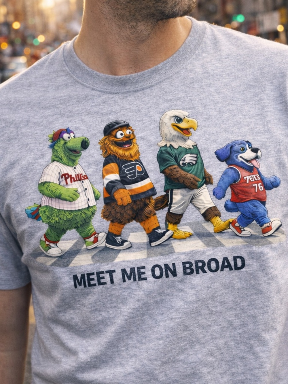 Meet Me On Broad Mascot Crew Graphic T-Shirt - Light Gray Philly S-5xl